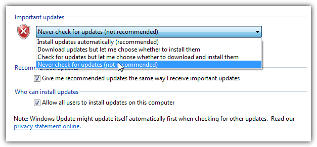 windows never check for updates