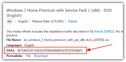 SHA1 hash for Windows 7 ISO