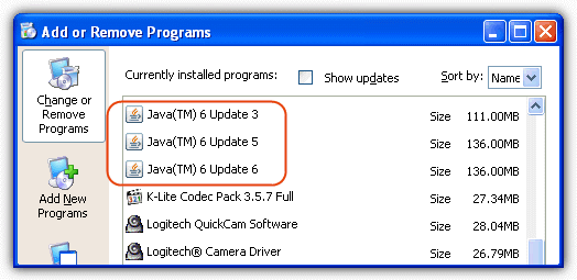 java installations in add and remove programs