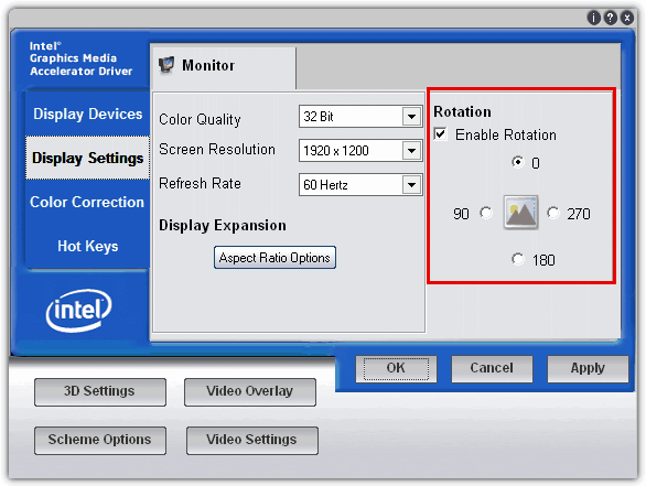 Intel driver rotate option