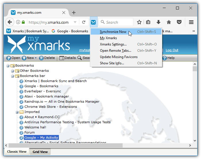 xmarks synced bookmarks