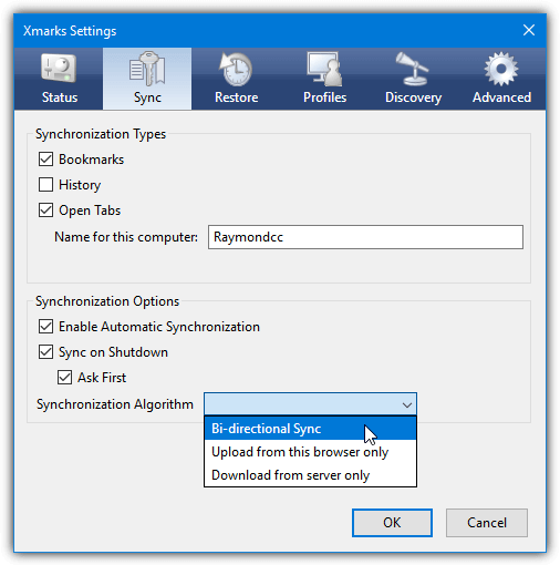 xmarks sync options