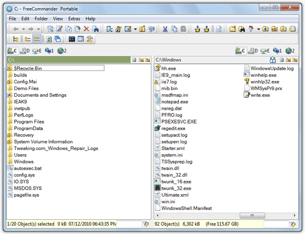 the free commander file manager window
