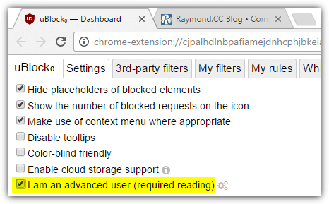 enable advanced user in ublock origin