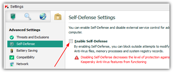 kaspersky rog disable self defense