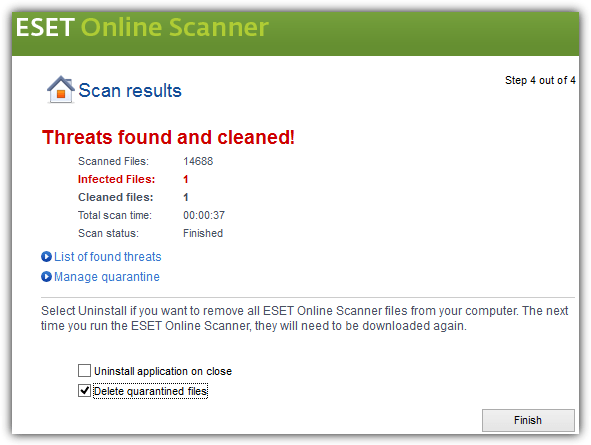 eset online scanner scan results