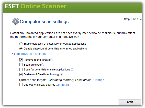 eset online scanner settings