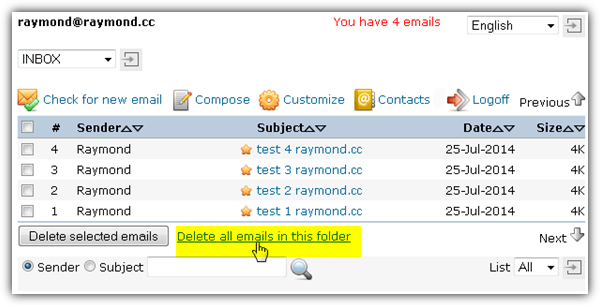 mail2web delete all emails