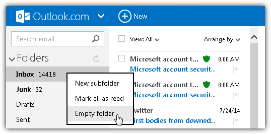 outlook.com empty folder