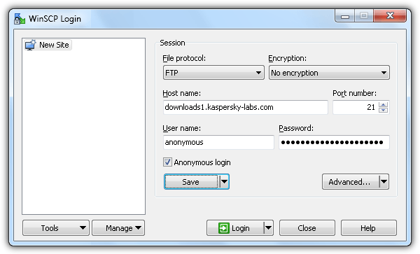 winscp login kaspersky FTP