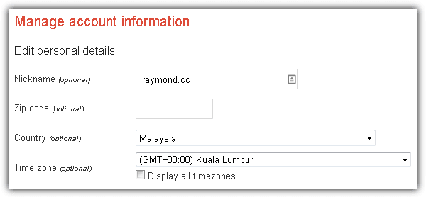 google account information time zone