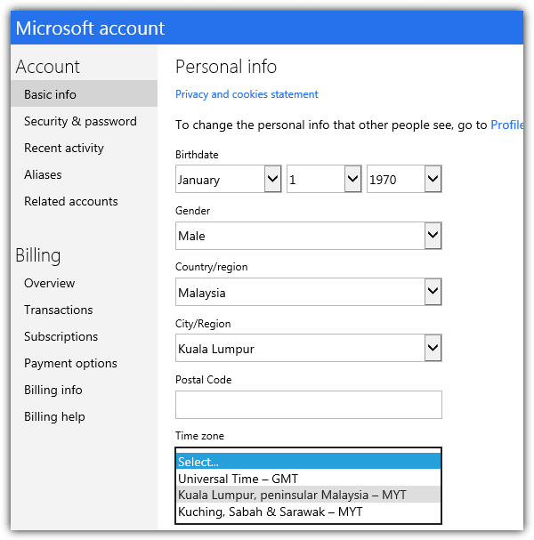 microsoft account time zone