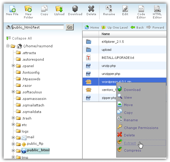 cpanel file manager extract