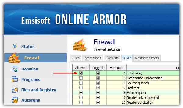 emsisoft online armor icmp echo reply