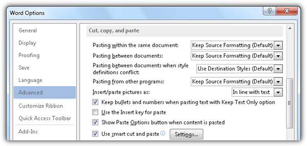 word 2013 cut copy paste options