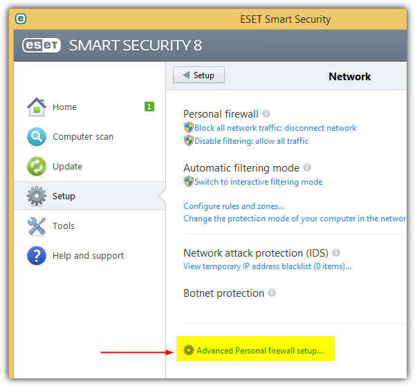 eset advanced personal firewall setup