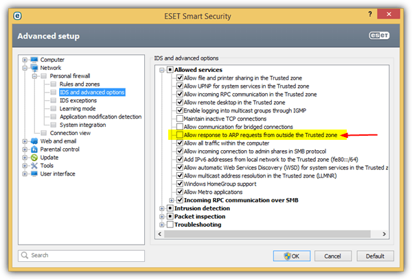 eset allow response to arp request from outside the trusted zone