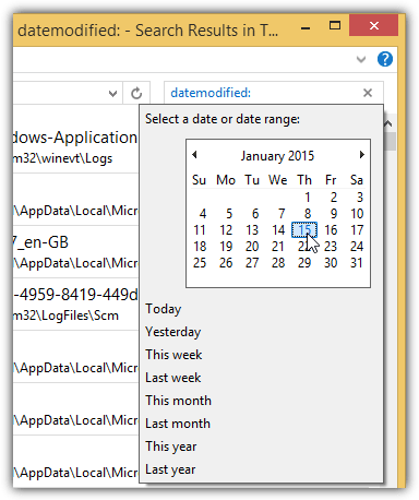 windows search datecreated datemodified