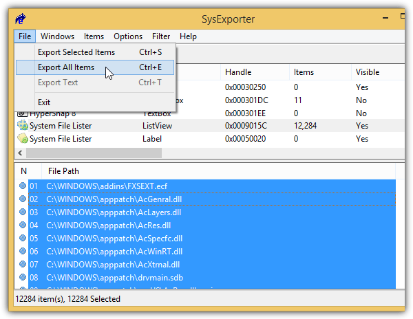 sysexporter system files lister