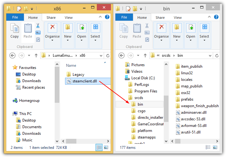 copy lumaemu steamclient.dll