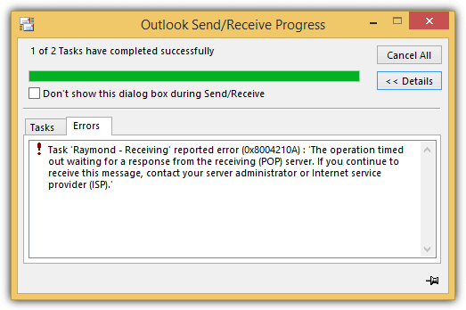 operation timed out waiting response from receiving POP server