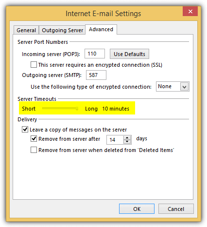 outlook server timeout setting