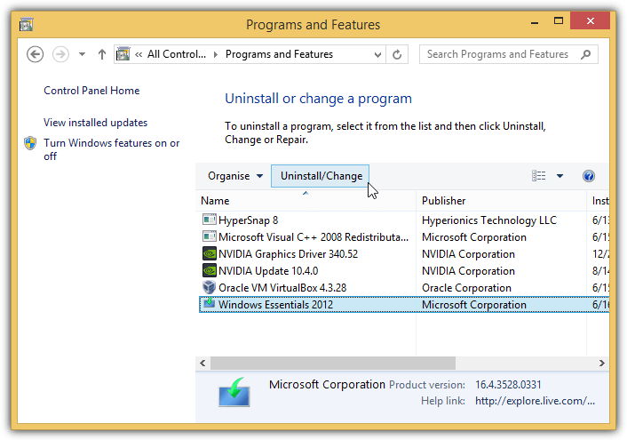 uninstall windows essentials 2012