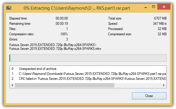 7zip unexpected end of archive