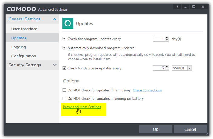 comodo proxy host settings