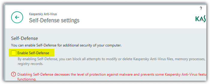 disable kaspersky self defense