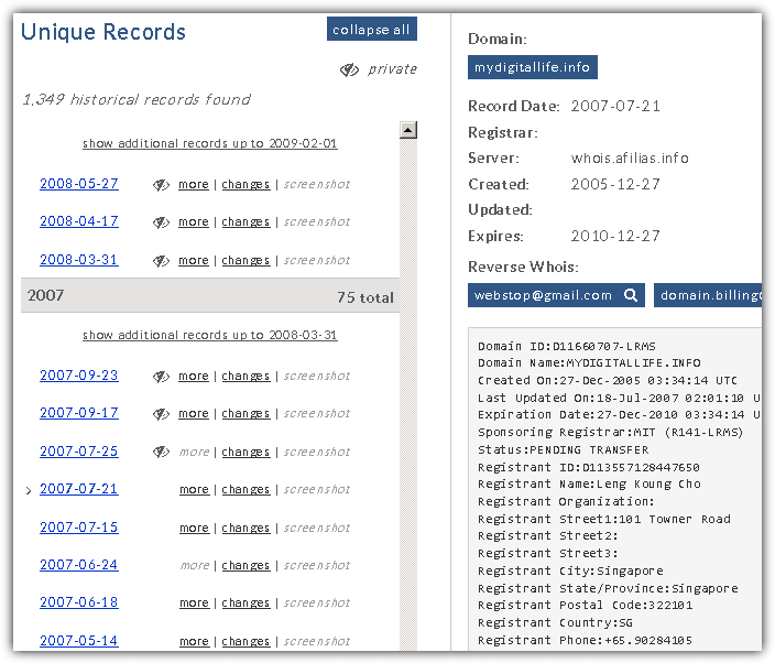 whois history unique records sample