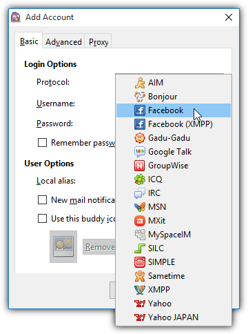 pidgin add facebook account