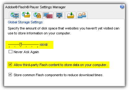 flash cookies storage settings