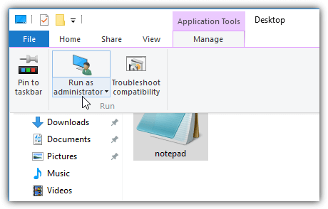 run as admin from explorer ribbon