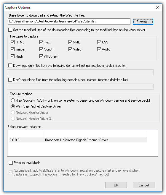 websitesniffer options