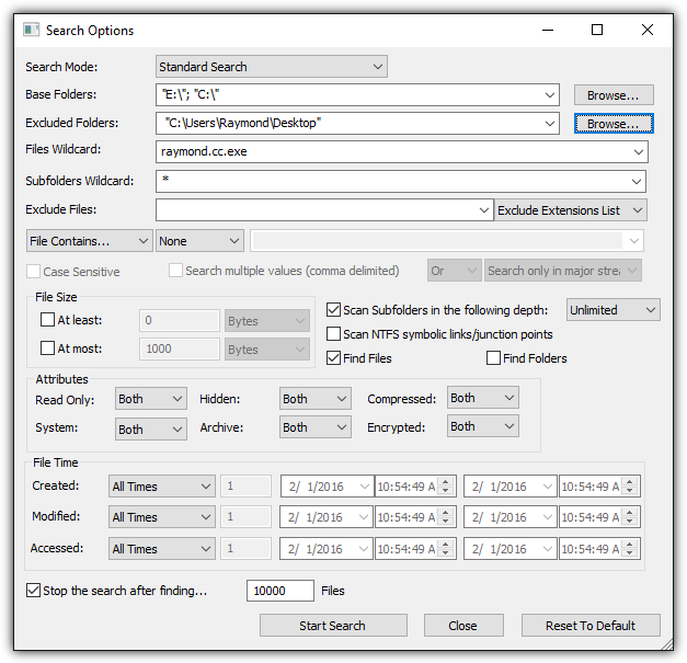 searchmyfiles options