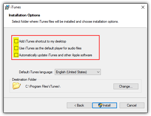 itunes installation options