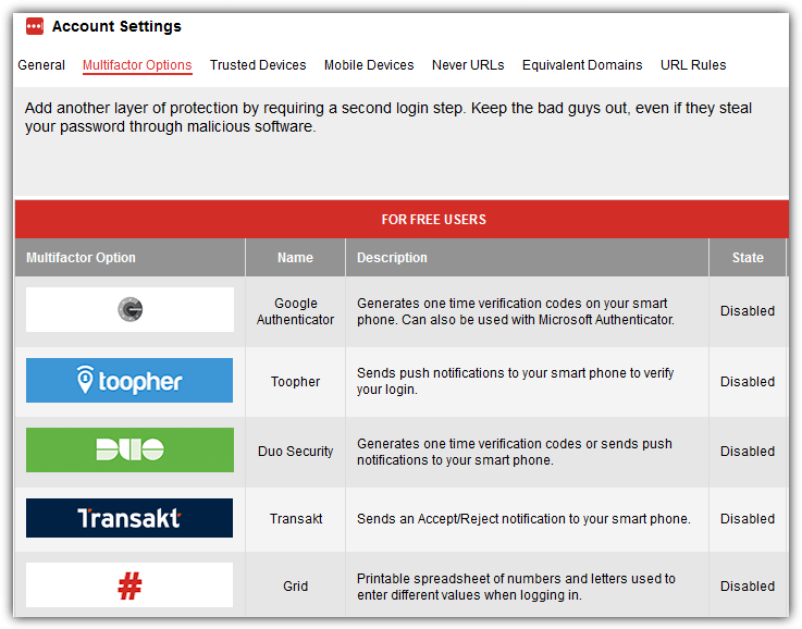 lastpass multifactor options