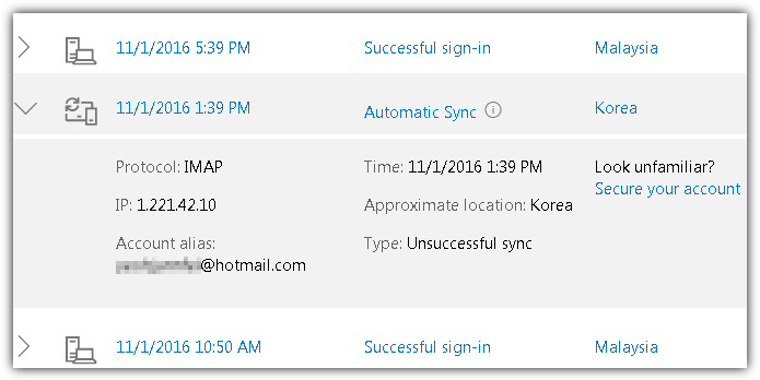 outlook mail recent login history