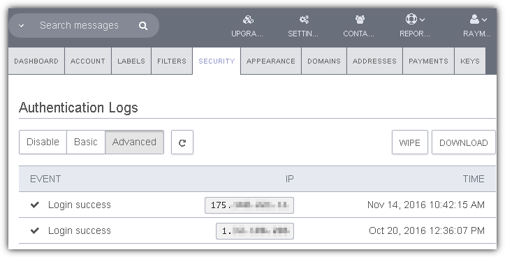 protonmail authentication logs