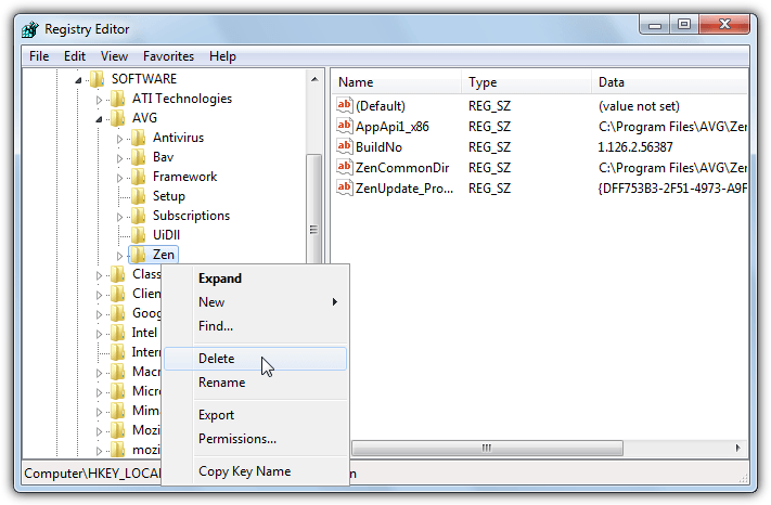 delete zen registry key