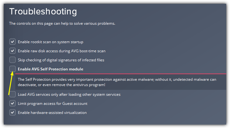 Disable self protection in AVG free