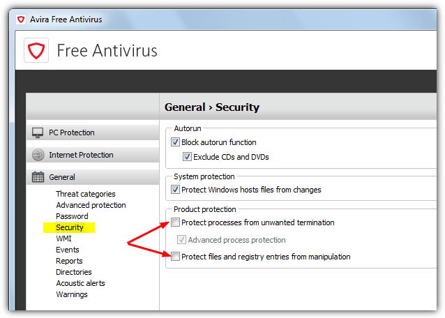 disable avira antivirus self protecion