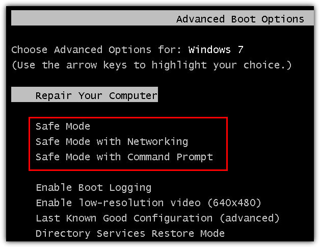 enabled safe mode in windows 7