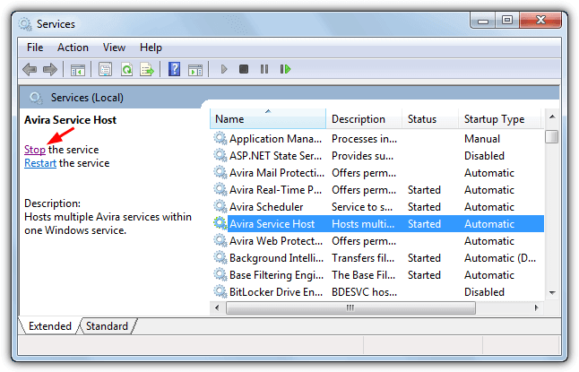 stop the avira servicehost service
