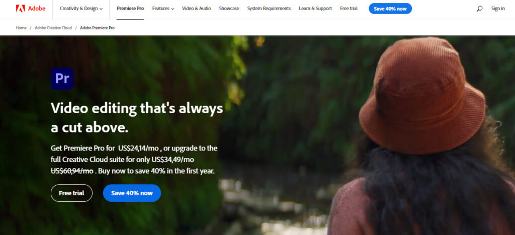 Photo displays the web home page of Adobe Premier Pro and highlights the key features that makes it an excellent video frame editor