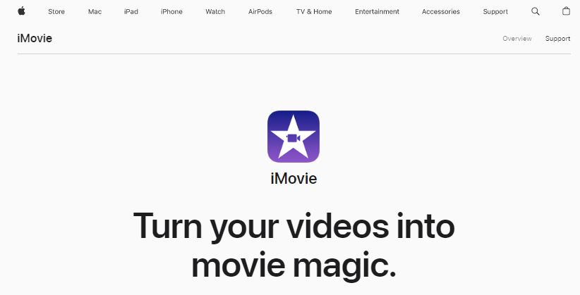 The image displays the iMovie web homepage with an overview of why it's a free video frame editor.