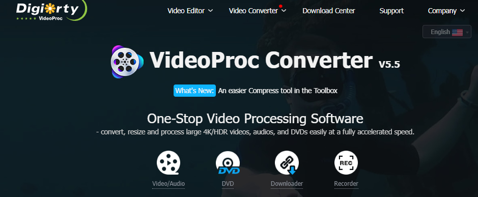Image displays the web homepage of VideoProc and all the features that make the app a great video frame editor.