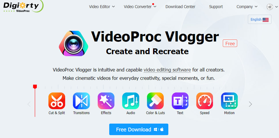 The image displays the VideoProc Vlogger online page and what services makes it a great video frame editor.