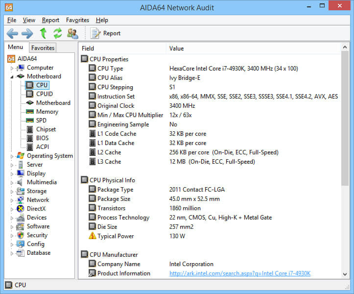 The photo shows the different features of the Aida64 benchmark software